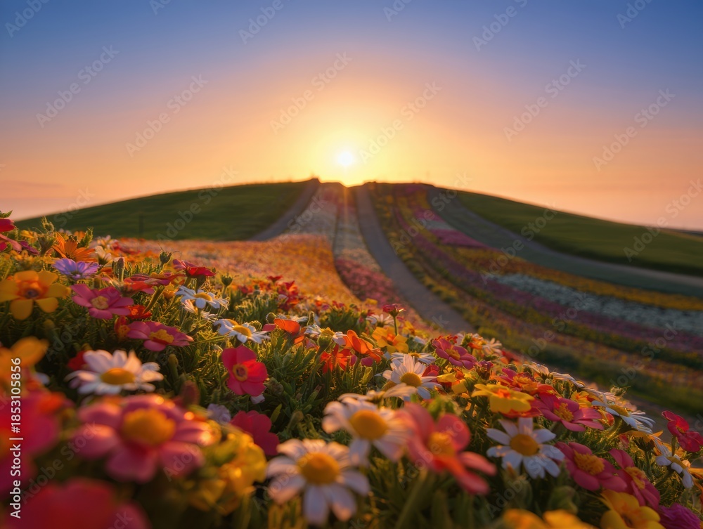 Fototapeta premium Sunrise Over a Field of Flowers
