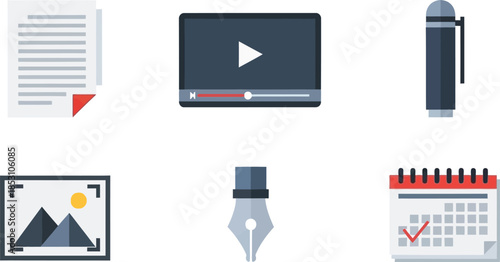 Flat marketing business icon collection of digital content creation tools and office supplies displayed on a clean white background