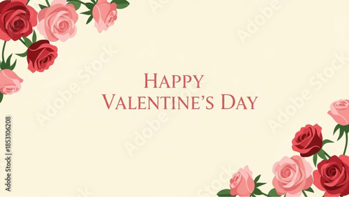 A heartfelt Valentine's Day greeting, framed by delicate rose blossoms in full bloom. The text Happy Valentine's Day is elegantly displayed.