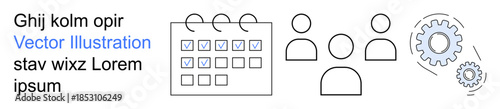 Team collaboration, scheduling, productivity, task management, planning, workflow processes. Calendar with checkmarks, group of people gear icons. Team collaboration and scheduling concept