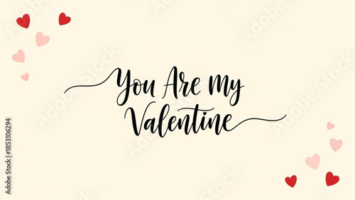 A romantic sentiment of love, You Are My Valentine, beautifully inscribed in elegant script, surrounded by delicately scattered hearts, perfectly capturing the essence of the day of love.