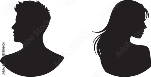 Silhouettes of a man and a woman facing opposite directions simple design