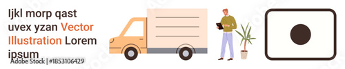 Logistics, transportation, delivery, package tracking, customer service, shipping solutions. A delivery truck, person with clipboard and a digital screen. Logistics and transportation concept