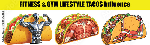Anatomical Tacos with Muscular Figures and Chrome Man Keywords: taco, fitness, gym, muscle
