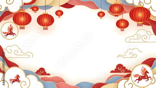 Lunar New Year Paper Cut Frame Background. Traditional Red Lanterns, Auspicious Clouds, and Zodiac Horse Vector.