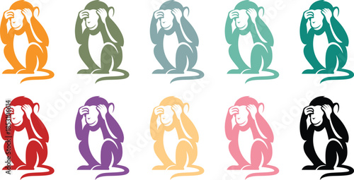 Sitting monkey silhouettes covering eyes colorful set, Playful monkey icons in different colors
