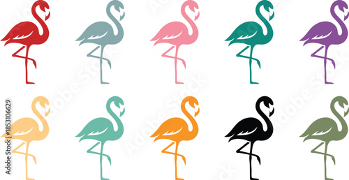 Standing flamingo silhouettes on one leg colorful set, Elegant flamingo bird icons in multiple colors