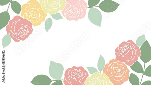 A delicate arrangement of pastel roses, blooms with soft petals, and leafy greens. An elegant floral frame with a gentle, inviting aesthetic.