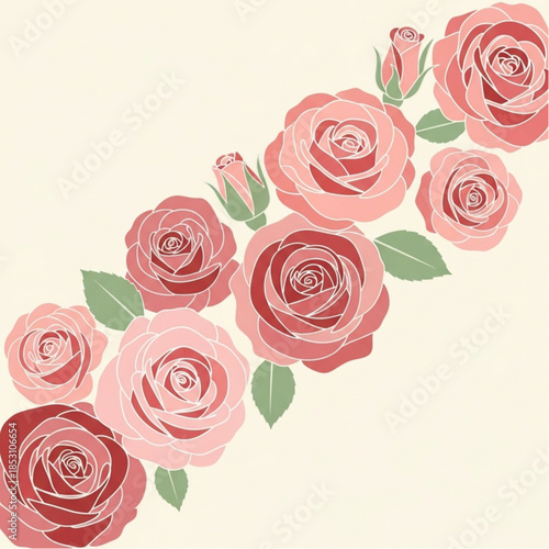 A diagonal arrangement of vibrant pink roses, each in full bloom or bud, artfully placed on a soft, neutral-toned background, creating a sense of elegance and floral beauty.