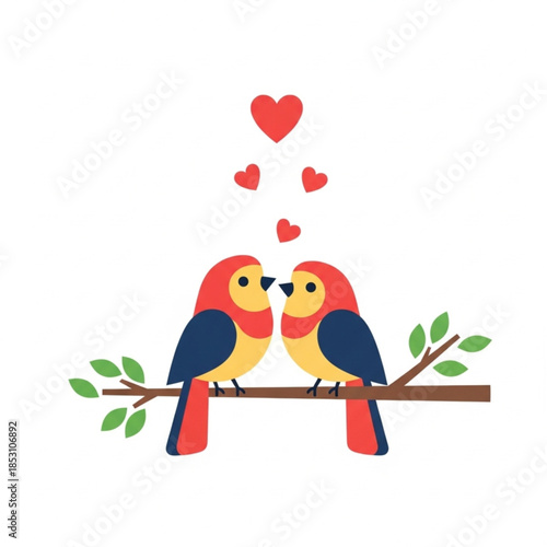 Two cute birds perched on a branch, their eyes locked, surrounded by floating hearts, it is a testament to love and affection. A photorealistic portrayal.