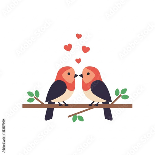 Two lovebirds share a tender moment, perched on a branch beneath a scattering of heart, a charming illustration captures the essence of affection and connection.