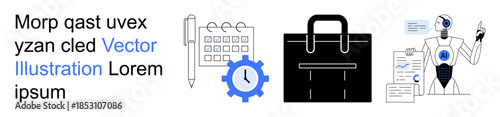 Business planning, productivity tools, AI integration, task automation, technology, workforce management. Icon set with a calendar, gear briefcase and robot. Productivity tools and AI integration