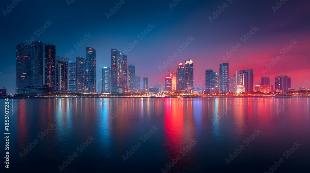 Obraz premium Modern City Skyline Reflecting in Water at Night with Vibrant Lights.