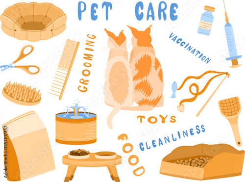 Bright and friendly illustration showing two cats surrounded by pet shop essentials toys, grooming tools, food, bed, and vaccination items. Ideal for posters, websites, ads.