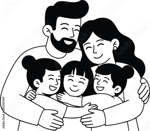 Happy family of five hugging each other with big smiles and closed eyes five people