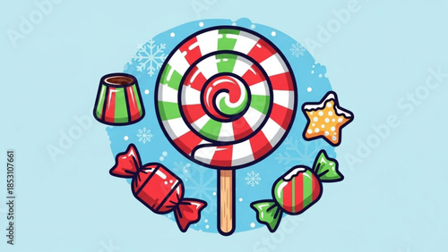 Colorful striped lollipop surrounded by festive holiday candies and star on light blue background with snowflakes