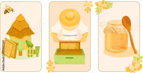 A charming set of three beekeeping themed postcards featuring a rustic beehive, a beekeeper at work, and a jar of golden honey with floral decoration. Vector hand-drawn illustration.