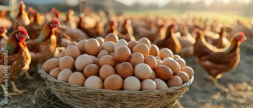 Fresh eggs gathered from free-range chickens in a lush farm setting during the golden hour of late afternoon light