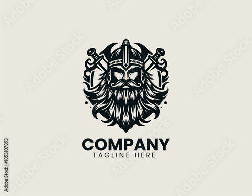 Bearded warrior character is depicted as a strong masculine emblem in a bold black vector logo illustration