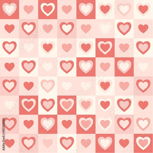A delightful grid pattern featuring a series of intricately designed hearts in varying shades of red, creates an aesthetic illustration of love and affection. 