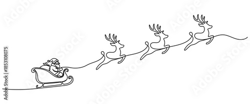Santa Claus on reindeer and sleigh drawn with one continuous line. Concept for Christmas and New Year. Design for greeting card or banner. Vector illustration. Editable stroke