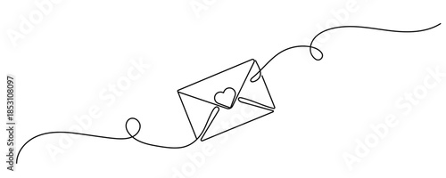 Continuous one line drawing of envelope with heart. Template for love cards and invitations. Love letter. Vector illustration. Editable stroke