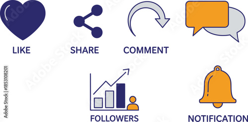 Flat Marketing Business Icon Set for Social Media Engagement with Like, Share, Comment, Followers, and Notification Symbols