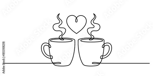 Drawing a continuous line. Two cups of coffee with foam heart. Hand drawn vector illustration. Editable stroke