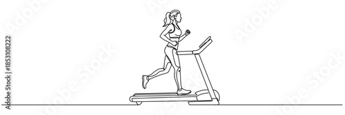 Continuous one line drawing of young woman working out speed running on treadmill in fitness gym club center Editable stroke