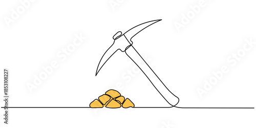 Continuous line drawing miner's pickaxe and gold. Editable stroke