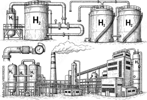 Detailed black and white drawing of an industrial hydrogen production facility with large H2 storage tanks and extensive piping, symbolizing green energy.