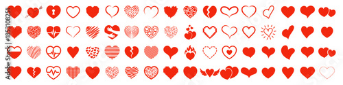 Collection set of red different heart. Set of red hearts in different pose. Hand drawn freehand different love hearts. Heart sketch for Valentines Day and romantic.