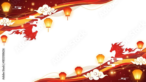 Auspicious Chinese New Year Background Frame with Dragon and Horse Silhouettes, Red Lanterns, and Traditional Golden Clouds