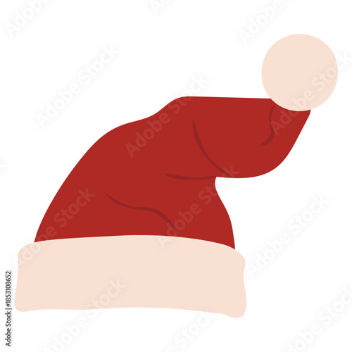 Tall wavy Santa hat with hanging pompom, playful red Christmas cap. Cute holiday accessory for festive design