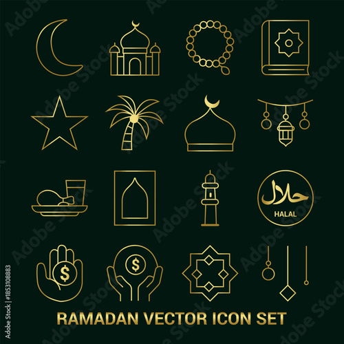 Minimalist gold line art icons for ramadan celebration