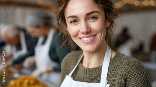 Smiling volunteer helping at a community soup kitchen event