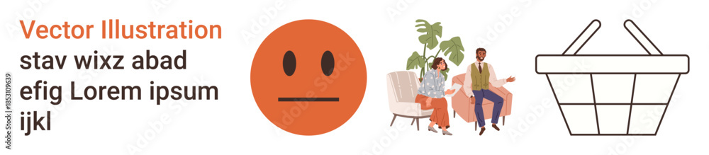 Fototapeta premium Visual include emotional expressions, therapy and counseling, family interactions, shopping, communication, mental health. happy and neutral face, two people seated sharing, and a shopping basket