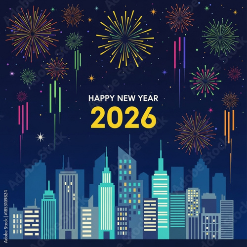 New Year Fireworks in Cityscape: a vibrant display of fireworks illuminates the city skyline, against a starry night sky, ushering in the New Year 2026.
