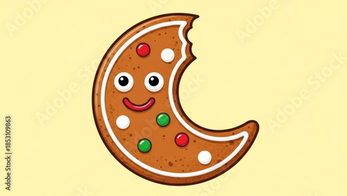 A cheerful cartoon gingerbread cookie with icing and candy decorations on a pale yellow background smiling with a bite taken out of it sweetly