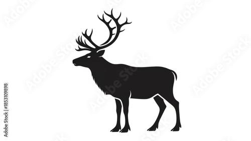Majestic stag with impressive antlers in profile view on white background, a striking black silhouette