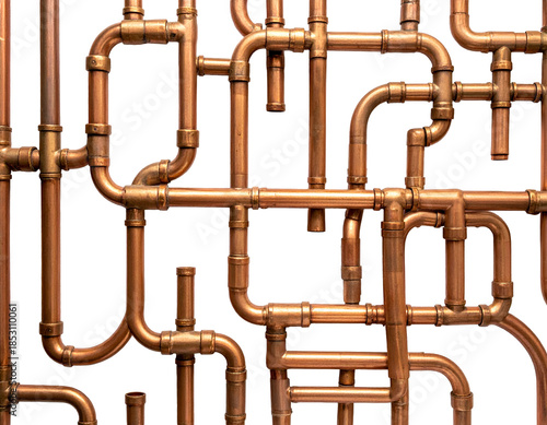 Intricate network of copper pipes, plumbing, and connections