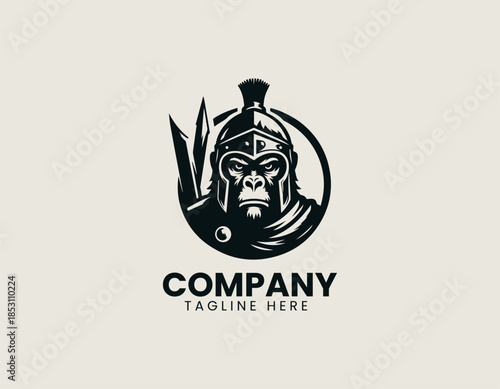 Ape warrior character is depicted as a powerful primal symbol in a bold black vector logo illustration