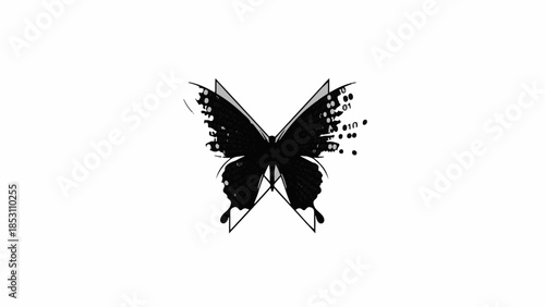 Abstract black butterfly with glitch effect on white background