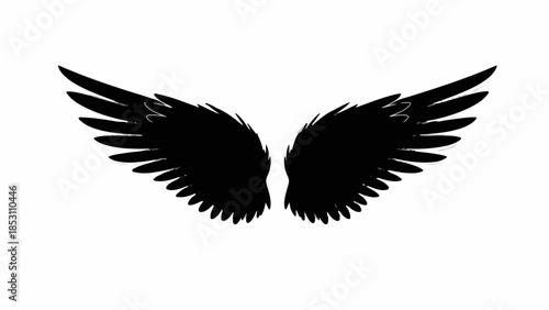 Mysterious black angel wings spread wide against a stark white background, evoking a sense of power and freedom.