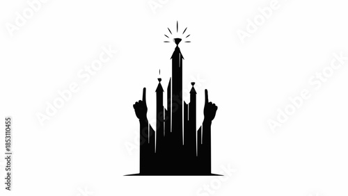 Silhouette of a triumphant city skyline with a shining diamond at its peak, symbolizing success and achievement.