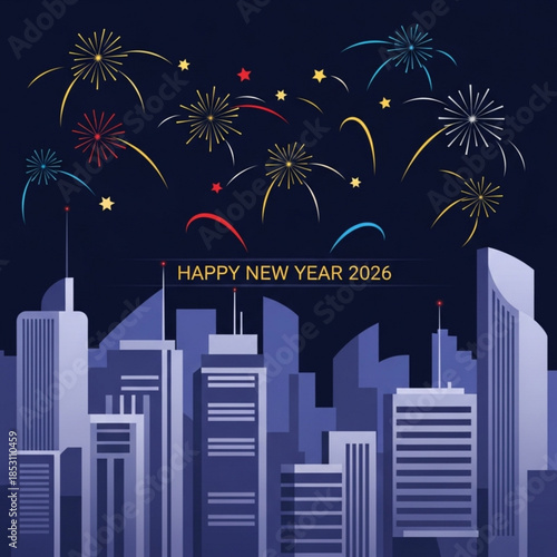 New Year's Eve Cityscape Fireworks: A festive illustration of a city skyline celebrating the arrival of the New Year with a dazzling fireworks display illuminating the night sky.