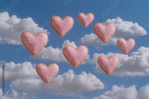 Whimsical pink beaded hearts float among fluffy clouds in a bright blue sky, creating a dreamy romantic scene perfect for Valentine promotions, greeting cards, or wedding themes.