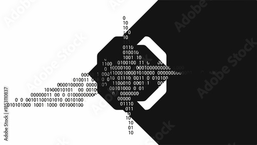 Abstract digital data stream flowing through a dark geometric portal