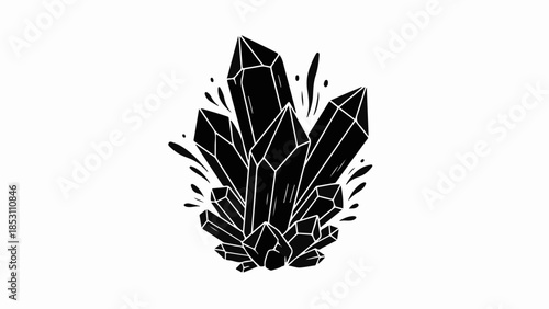 Mystical black crystal cluster radiating energy against a white background