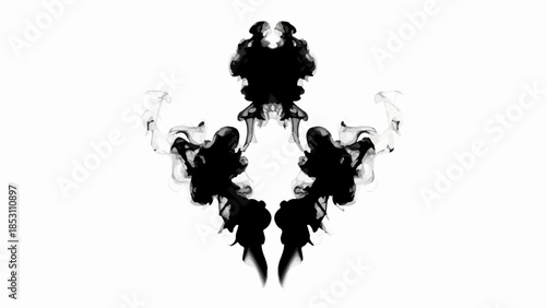 Abstract ink blot on white background suggesting psychological interpretation and imagination